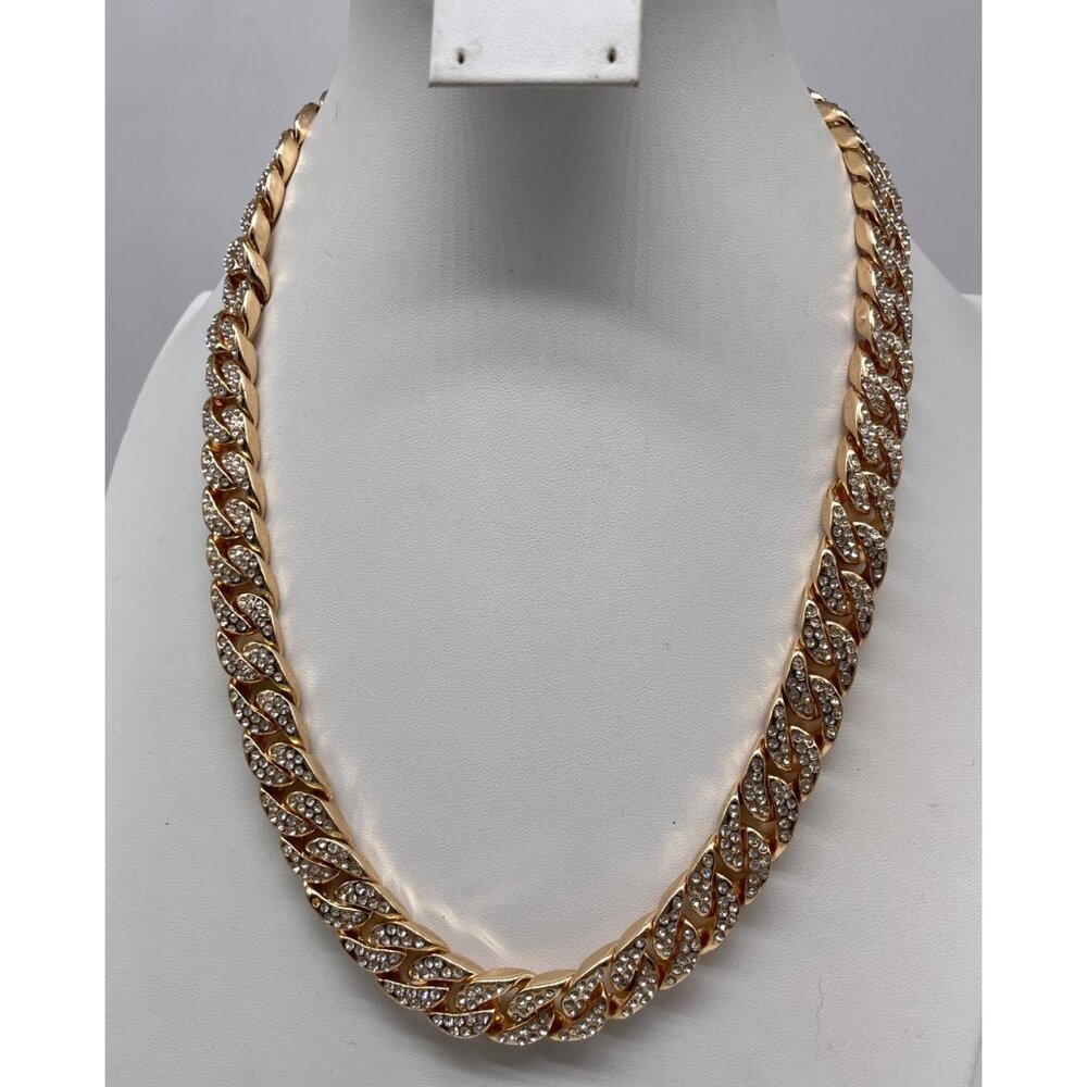 Gold-Tone Cuban Link Chain Necklace Rhinestones Extend Clasp 18" READ